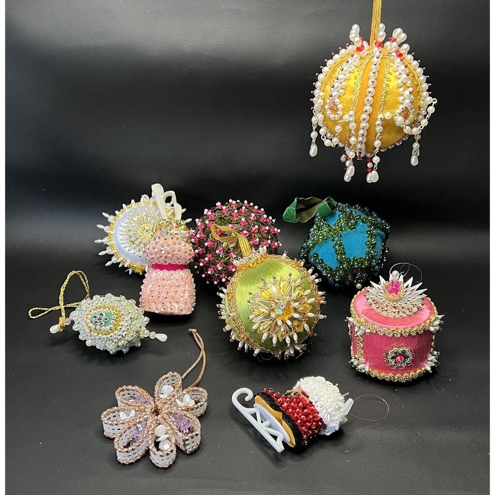 VTG Christmas Handmade Sequin Beaded Push Pin 9 Ornaments MCM Craft Lot